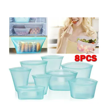 

8Pcs/Set Food Fresh-keeping Bag Frosted PEVA Silicone Food Bag Reusable Freezer Bag Zipper Leakproof Top Fruits Lunch Box