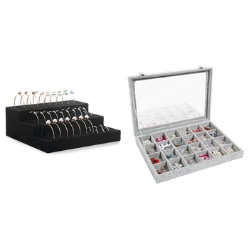 

1Pcs 24 Grid Jewelry Tray Showcase Display Storage Tray & 1Pcs Flannel Bracelet Necklace Jewelry Storage Box
