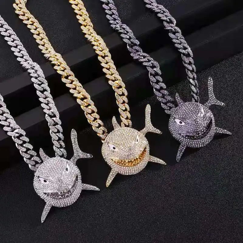 Rock Hip Hop 12mm Cuban Chain Shark Pendant Mens Necklace Iced Out Watch Rhinestone Rapper Chain CZ Bling for Men Jewelry Gifts