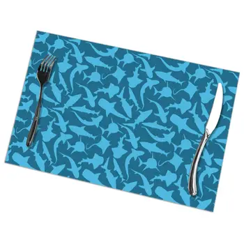 

6 Pcs Placemat Ocean Sharks Blue Print Fabric Table Mats Tableware Kitchen Tool Table Mats