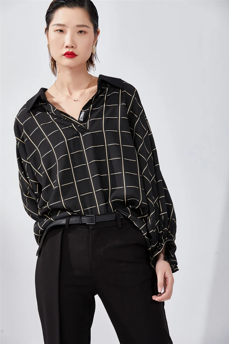 

clothes women fall winter plaid shirt casual tops shirt lantern sleeve 2019 fashion for chiffon blacklong sleeve elegant blouse