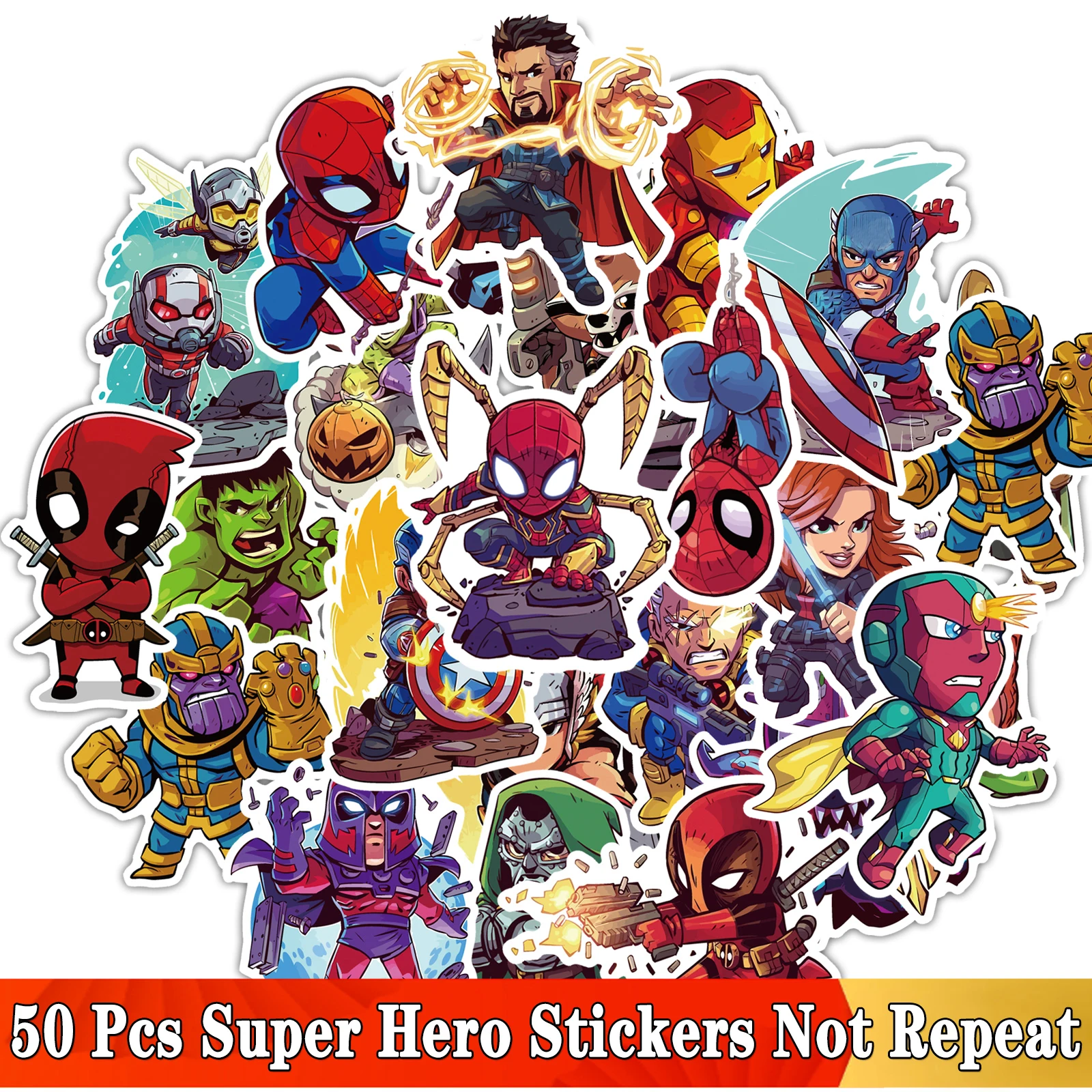 50pcs Cartoon Marvel Super Hero Graffiti Sticker Skateboard Luggage Laptop Decal 