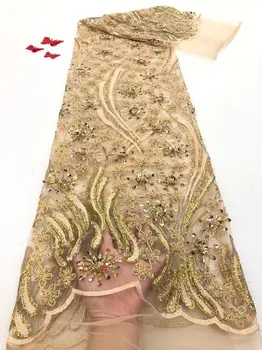 

Wonderful gold French tulle material nice net lace fabric with sequins for shinning dress PAN503 (5yards/lot)