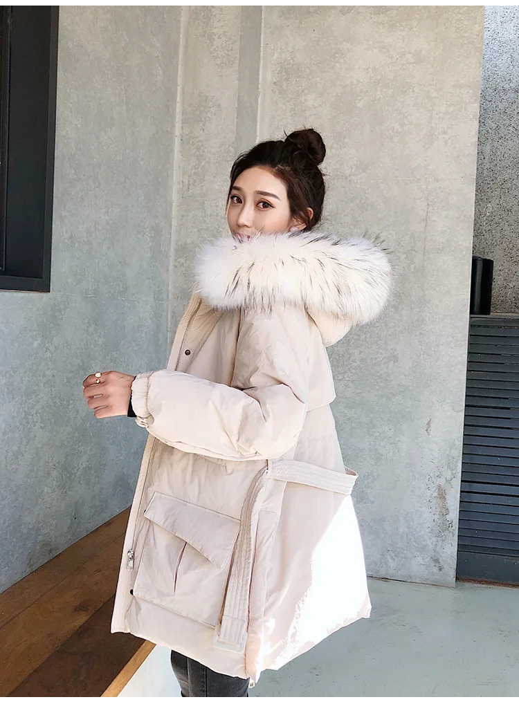 New Style Korean-style White Duck Down Jacket Women's Short-height Workwear Coat Genuine Fur Collar Income Belt Slimming