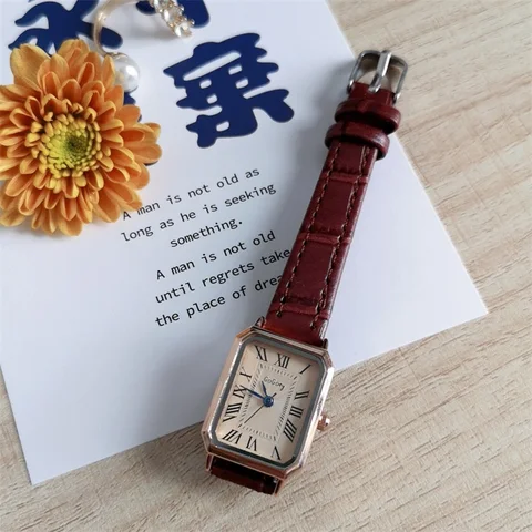 Roma Scale Women Watches 2021 Fashion Casual Rectangle Female Quartz Clock Vintage Brown Leather Ladies Wristwatches W9848