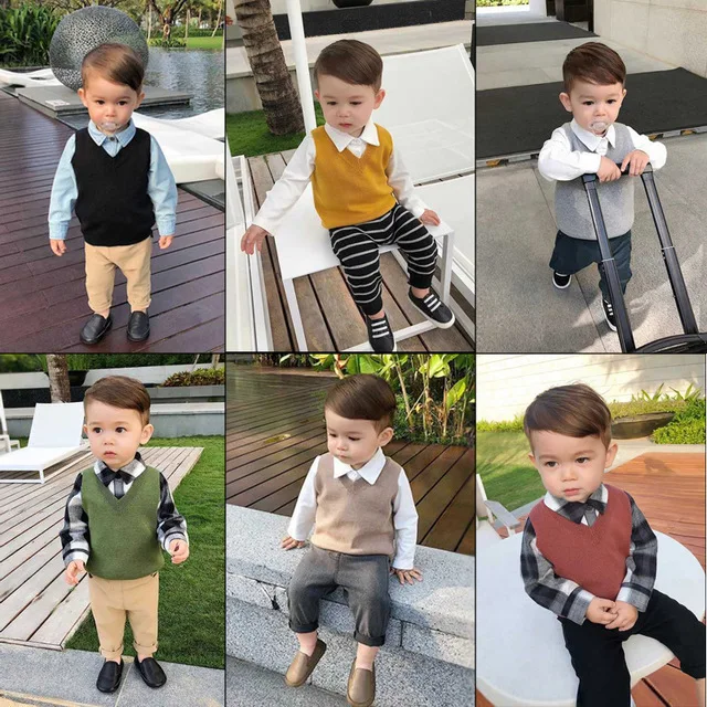 

Solid Autumn Baby Boys Girls V-neck Sweaters Winter Sleeveless Knitted Bottoming Boys Sweaters Children's Pullover Sweater ZL140