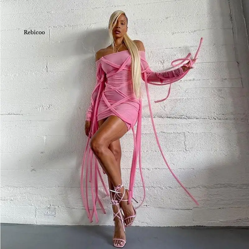

Sexy Sheer Mesh Mini Dress Women Club Wear Fashion New Tassel Off Shulder Long Sleeve Bodycon Dresses