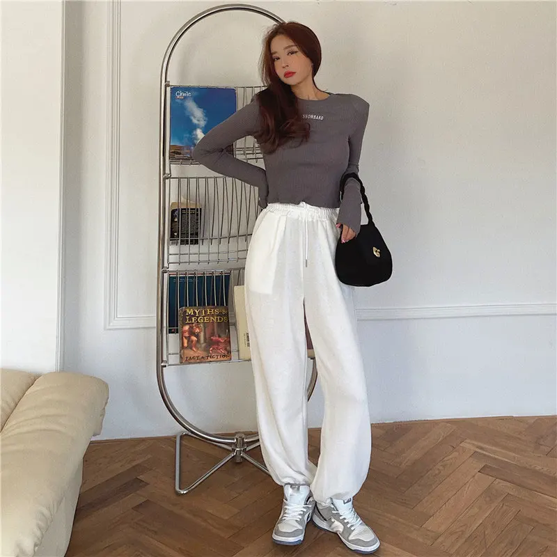 YUANYUANJYCO Autumn Spring Women Baggy Sport Harem Pants Korean Fashion Elastic High Waist Loose White Grey Black Trousers Woman track pants