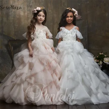 

New Arrival Luxury Flower Girl Dress for Wedding Beaded Applique Puffy Gown Kids Girls Party Dress Birthday Prom Gown