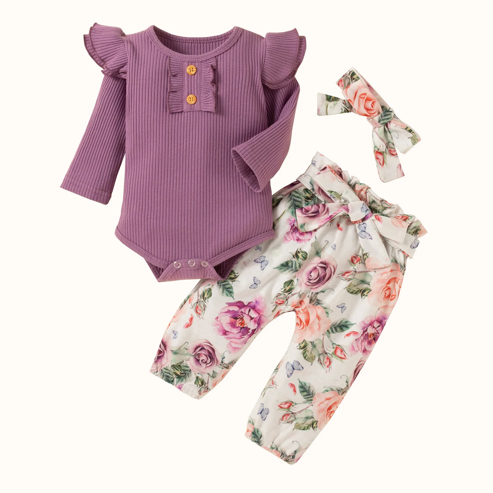 3Pcs Baby Girl Clothes Set New Born Clothing Toddler Outfits Newborn Girls Clothes Ruffle Romper + Floral Pants + Headband newborn baby clothing set Baby Clothing Set