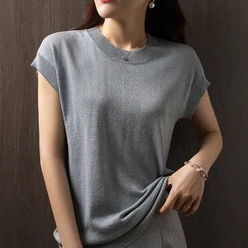 

Summer New Ice Silk T-shirt Woman Half-Height O-Neck Short-Sleeved Slim Fashion Pullover Short-Sleeved Vest