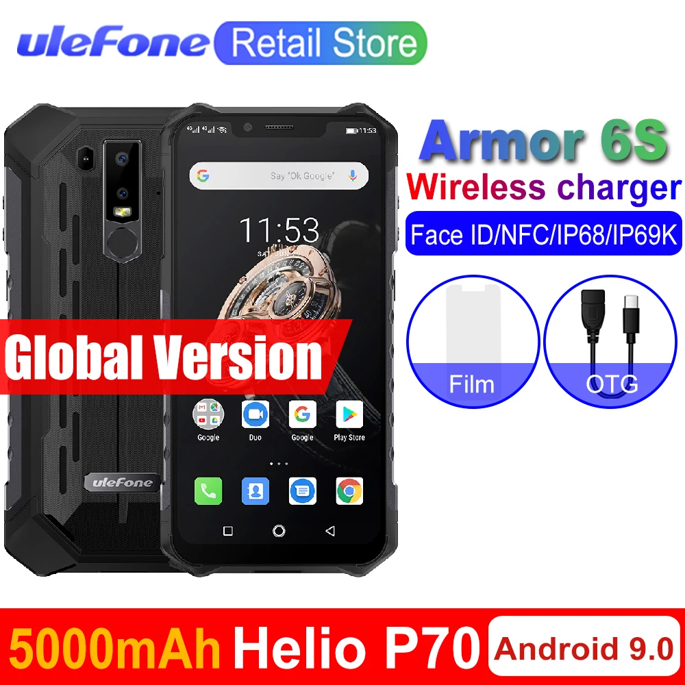 Ulefone Armor 6S прочные мобильные телефоны 6," Helio P70 6G+ 128G 16MP+ 8MP Face ID NFC Беспроводная зарядка Android 9,0 смартфон
