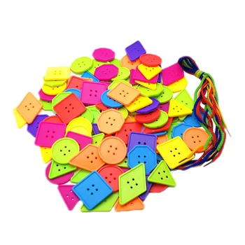 

60pcs Button Thread Toys Set Colorful Plastic Geometric Button Toys Lacing and Stringing Beads Toys Educational Toys for Kids