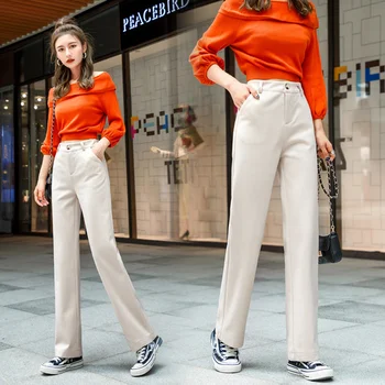 

2019 Loose Autumn High Waist Palazzo Pants Fashion Casual Brief Trousers Women Pocket Korean Zip Vintage Pants