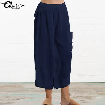 

2020 Celmia Vintage Wide Leg Pants Women High Elastic Waist Palazzon Femme Summer Casual Pockets Loose Pleated Palazzo Plus Size
