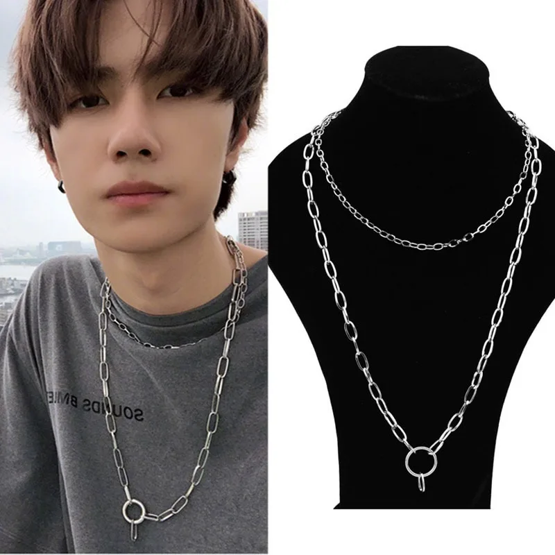 Ожерелье Kpop модное ожерелье из нержавеющей стали двойное Wang Yibo цепь дикий