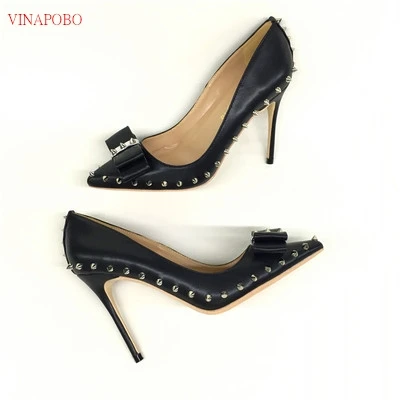 

black rivet bow-knot high heels patent PU leather high heel women's shoes 10cm 12cm wedding shoes woman Party shoes bridal shoe