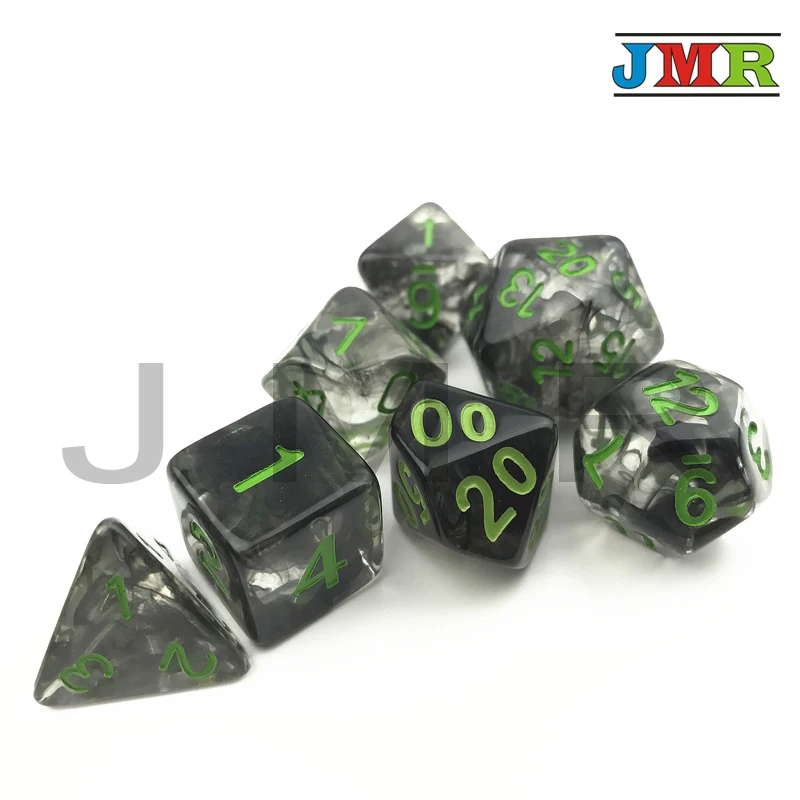 Nebular 7 шт./компл. Juegos De стол черные данные с зелеными точками D4 D6 D8 D10 % D20 для
