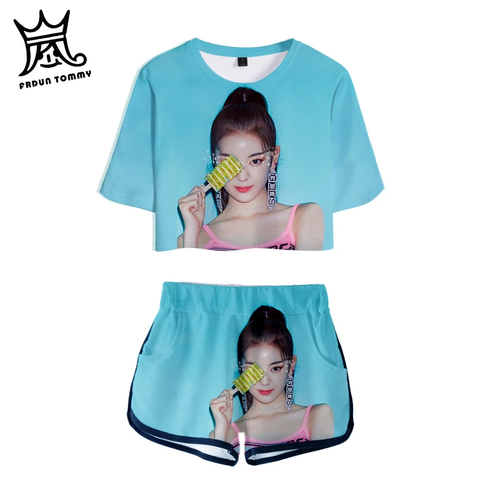

FRDUN TOMMY 3D ITZY Kpop Korean Girl's group Navel Short Sleeve T-shirt+Super Shorts Sexy Summer Cool Women 2019 fashion Set