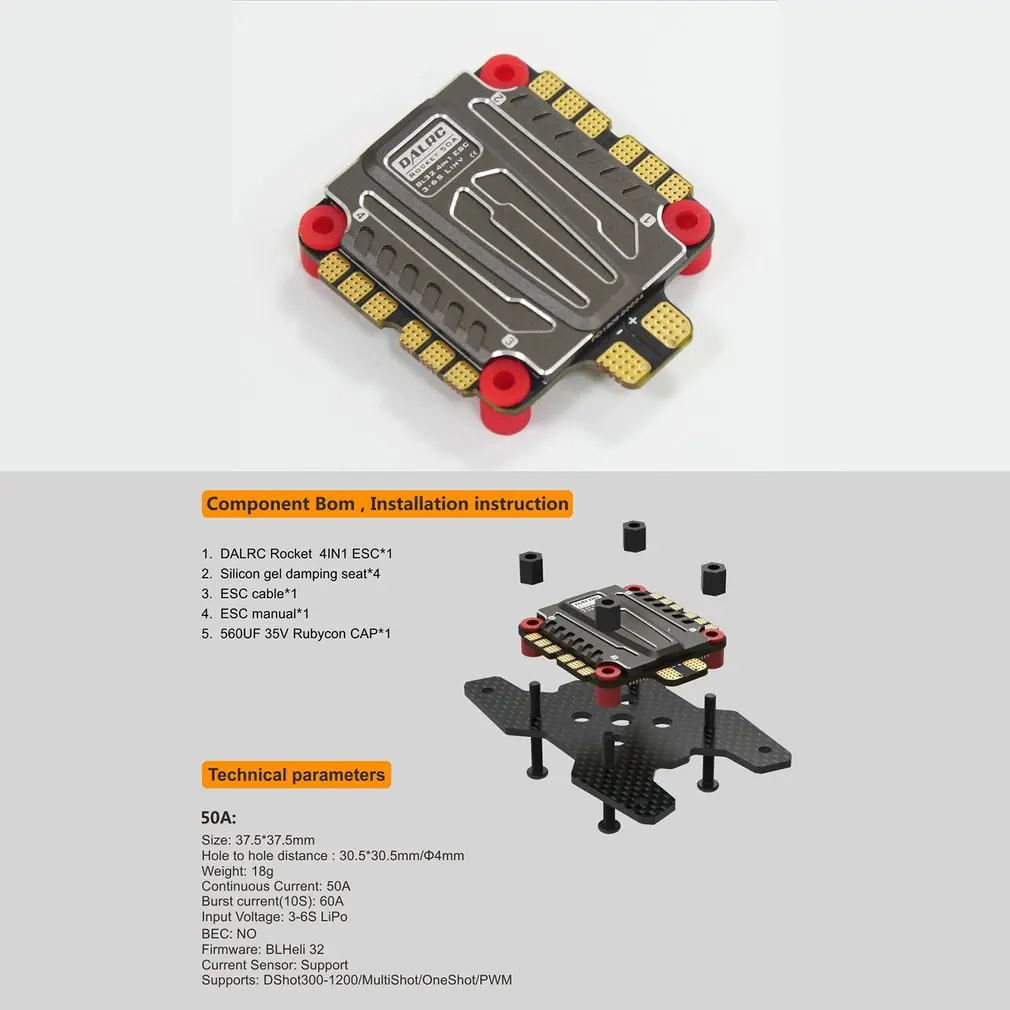 

DALRC Rocket 50A 4 in 1 ESC Brushless 3-6S Blheli_32 LIHV DSHOT1200 for DIY FPV Racing Drone Compatiable with F405 F722 FC