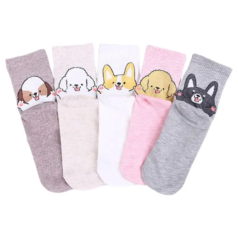 5 пар, стиль, женские длинные носки, мультяшный щенок, чулочно-носочные изделия