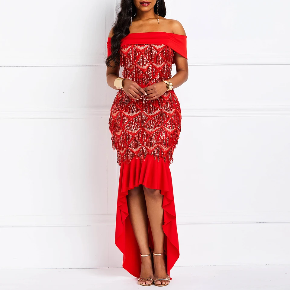 

Red Off The Shoulder Mermaid Elegant Evening Dress High Waits Sequins Asymmetrical Formal Party Women Evening Dresses
