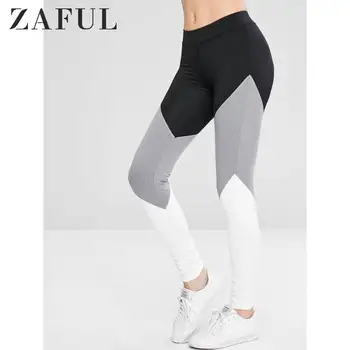 

ZAFUL Color Block Gym Sports Leggings Athletic Mid Waist Workout Leggings Patchwork Exercise Stretchy Leggings Autumn 2019