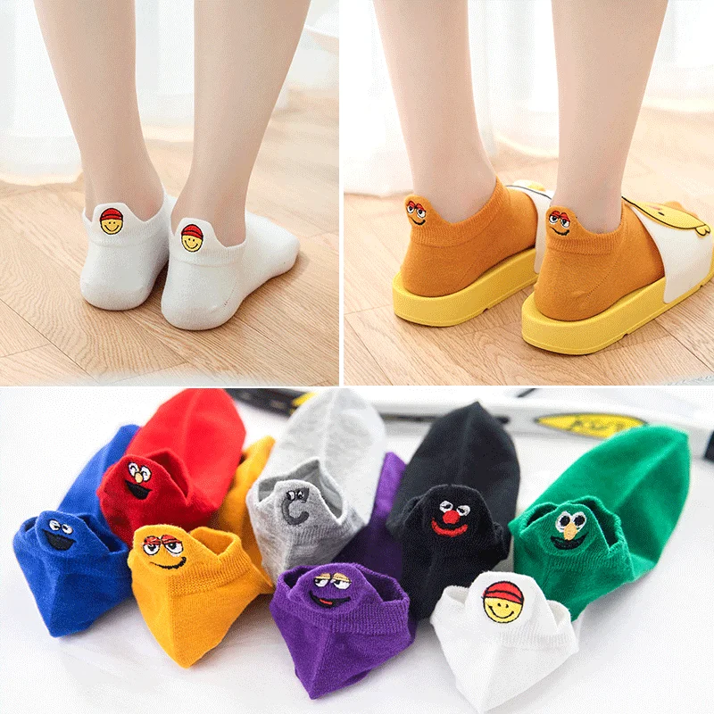 

4Pairs/Lot Kawaii Women Cotton Socks Happy Fashion Ankle Funny Socks Boat Embroidered Expression Candy Color Short Sock EU 35-42