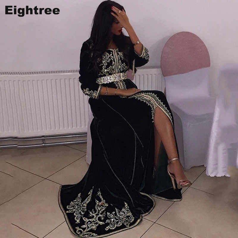 

Eightree Black Morocco Caftan Evening Dresses Velvet Algerian Special occasion Dresses Lace Appliques Outfit Prom Party Gowns