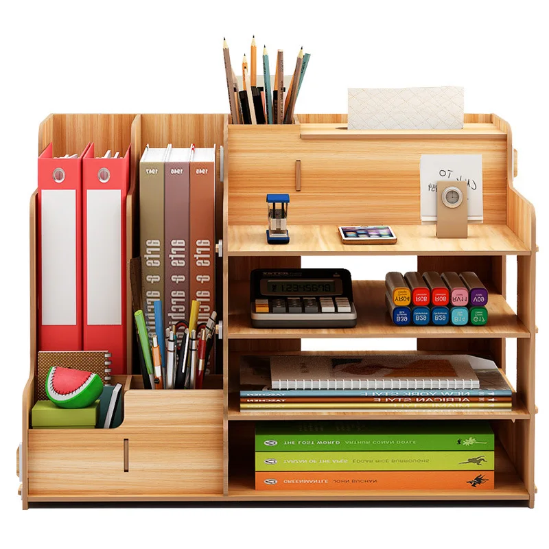 

Multi-function Desktop Organizer Wooden Storage Box Office File Tray Adjustable Wood Display Shelf Tissue Holder with Drawer