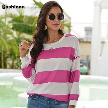 

Cashiona Long Sleeve Tunic Top 2020 Summer Autumn Pullover Sweatshirt Striped Print Contrast Color Tee Tops Loose Casual Shirts