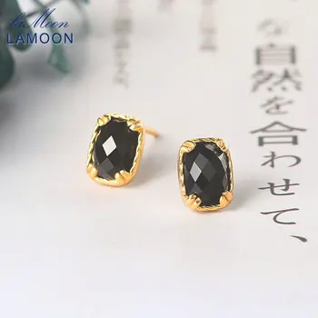 

LAMOON 925 Sterling Silver Stud Earring For Women Natural Black Agale Flat Lattice Surface 14K Gold Plated Fine Jewelry LMEI119