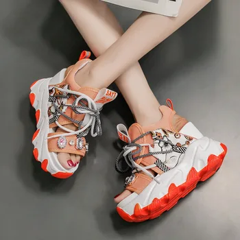 

Woman Fashion Sandals Platform Luxury Designers Brand Female Mesh Lacing Casual Shoes Women Beach Crystal Gladiator Sandal 6cm