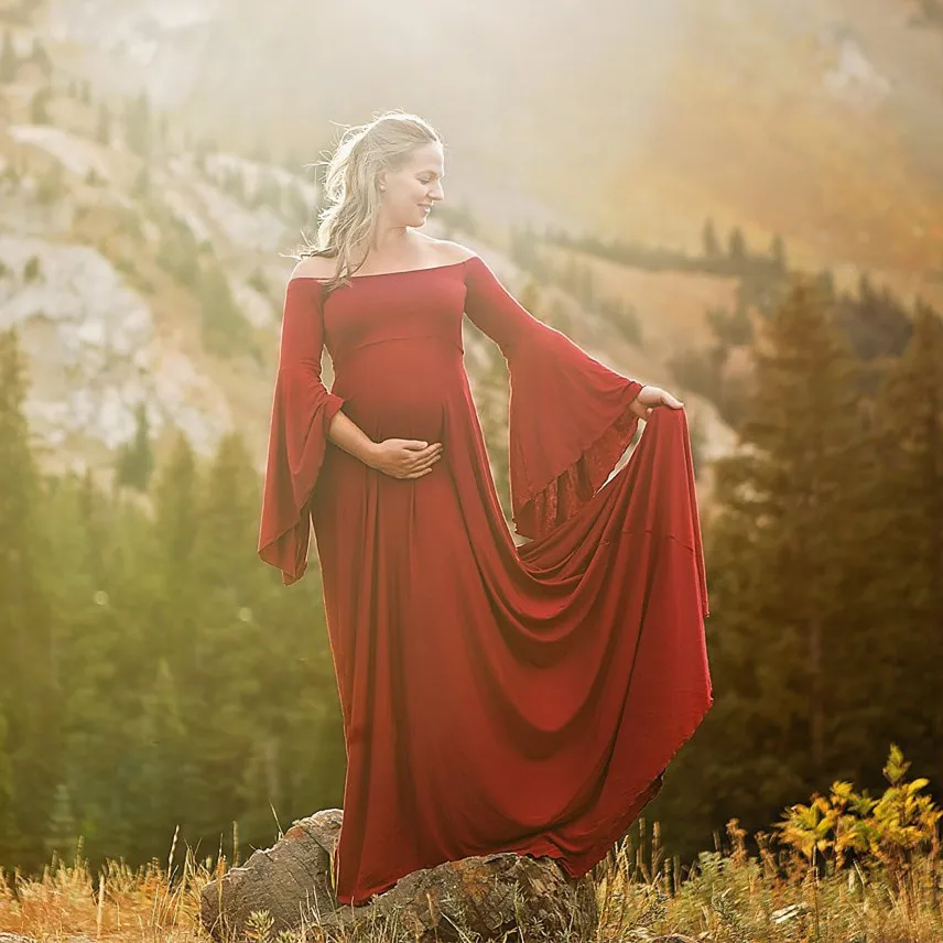 Плюс размер платье для беременных для фотосессии женщин сексуальное с открытыми плечами рюшами Макси Длинная Одежда для беременных платье для фотосъемки - Цвет: Красный