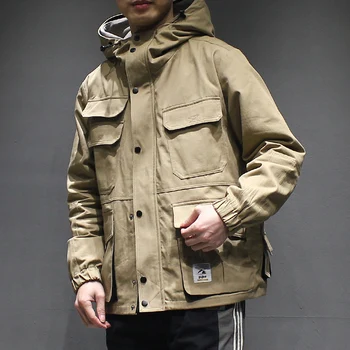 

Autumn Winter Coat Men 2019 Retro Hooded Cotton Hoodies Stylish Slim Fit Thick Trendy Pocket Japanese Motorcycle Clothing Green