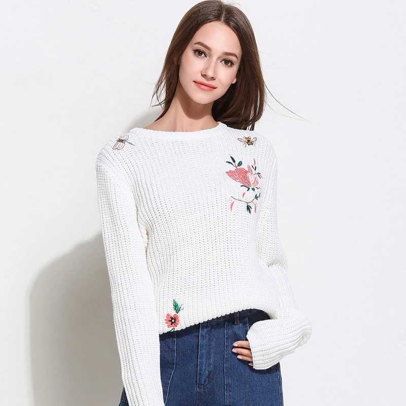 

Winter Women's Casual Oversize Pullover Jumper OL Commute Slim Shirt Bottoming Knitted Base Sweater Flower Embroidery Pullover