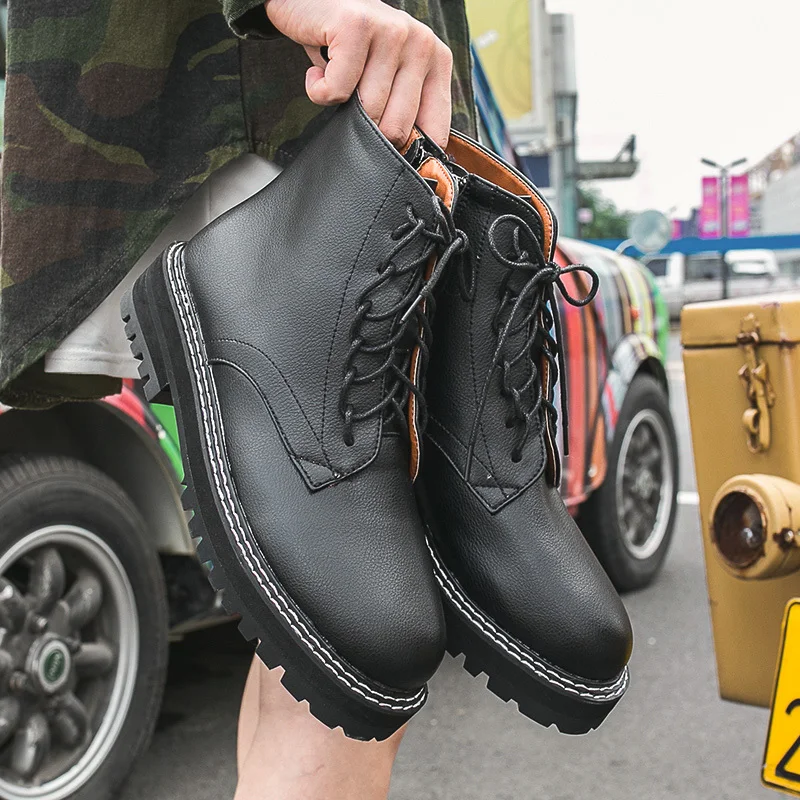 Ceny Rozmiar 35 40 Chunky buty motocyklowe dla kobiet jesień 2019 moda okrągłe Toe sznurowane buty bojowe Martin damskie buty zimowe śnieg