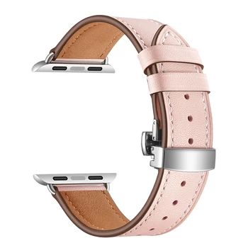 

Pink Genuine Leather Watchband For Apple Watch Strap 42mm 38mm iWatch & 44mm 40mmSeries 1 / 2 / 3 / 4/5 Butterfly buckle strap