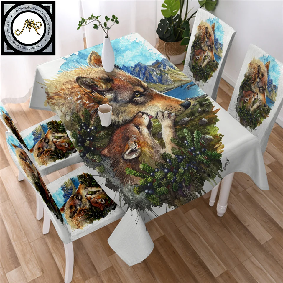 

Wolf Cub Mother by Sunima Art Tablecloth Wolves Family Waterproof Table Cloth for Dining Room Watercolor Animal Table Cover