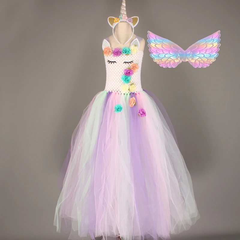 Girls Pastel Unicorn Flower Tutu Dress Princess Kids Pageant Party Tutu Dress with Headband wings Children Tulle Dress Ball Gown (14)