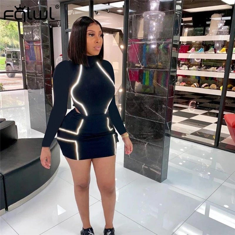 FQLWL светоотражающий черный розовый комплект из двух предметов Женский костюм с