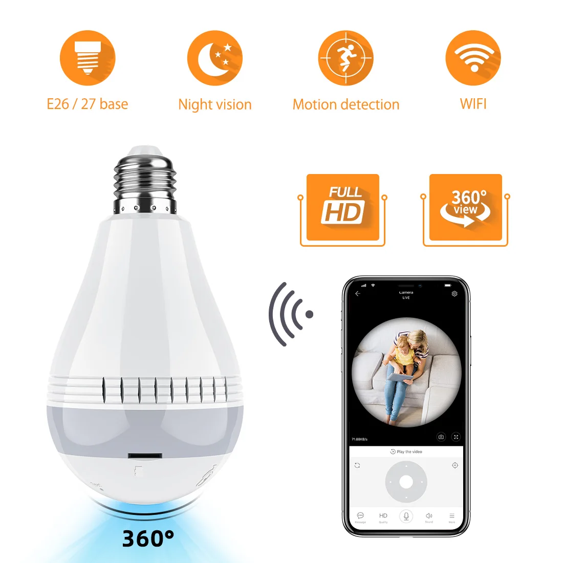 

Security Light Bulb Camera, WiFi Home Security Camera Light Bulb, Wireless Panoramic Lamp Camera with APP Control