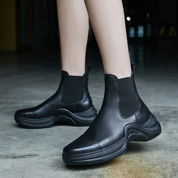 

Women's real leather thick sole ankle boots platform flats elastic patchwork slip-on punk short booties punk chelsea boots shoes