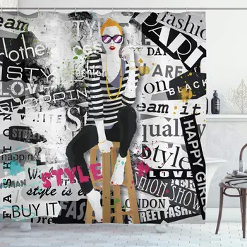 

Fashion Shower Curtain, Model Posing and Sitting on Tabouret with Clothes Grunge Street Style Print, Cloth Fabric Bathroom Decor