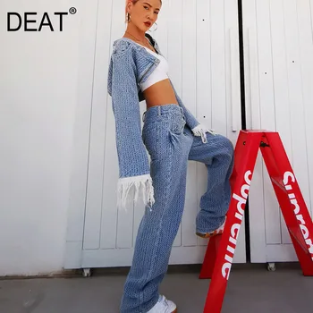 

DEAT 2020 new full sleeves denim tassels blue short waist jacket and high waist long jeans two pieces set WN55105l