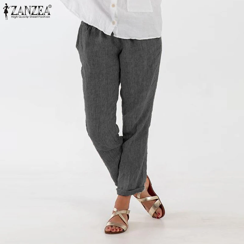 Повседневные длинные штаны для женщин, рабочие брюки ZANZEA, Осенние однотонные панталоны для отдыха, женские брюки с карманами и эластичной резинкой на талии, большие размеры