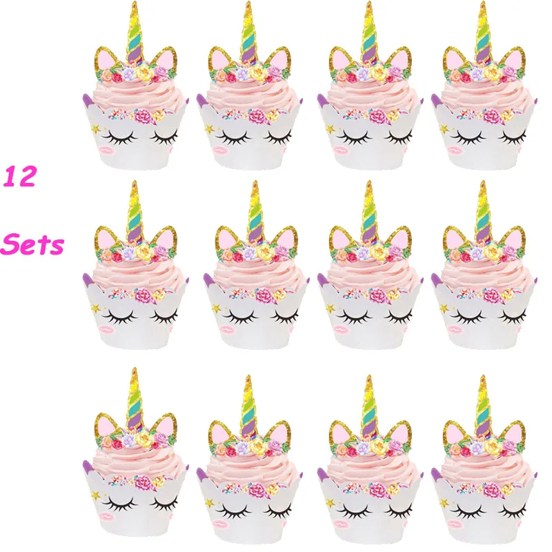 JOY-ENLIFE, 24 шт., радужные вечерние украшения для торта с единорогом, обертки для кексов, украшения для вечеринки на день рождения, вечерние принадлежности с единорогом - Цвет: cake toppers