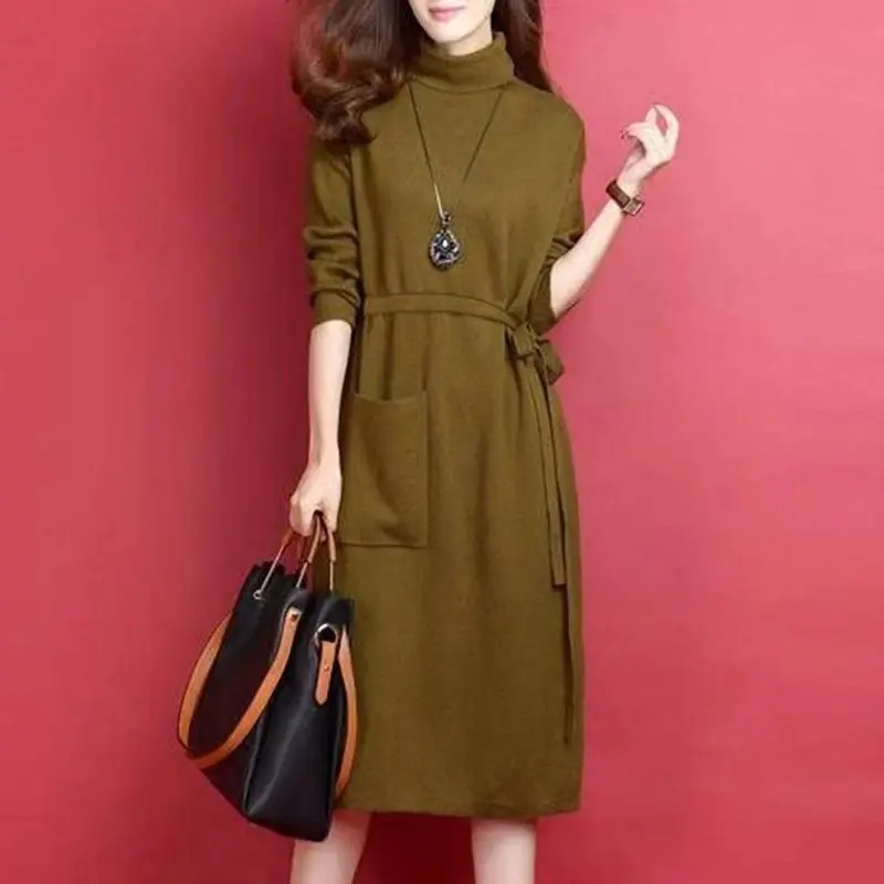 

Women Knitted Sweater Dress Wrap Belted Tunic Midi Vestidos Elegant Long Sleeve Mid-Calf Korean Casual Autumn Dresses 2019