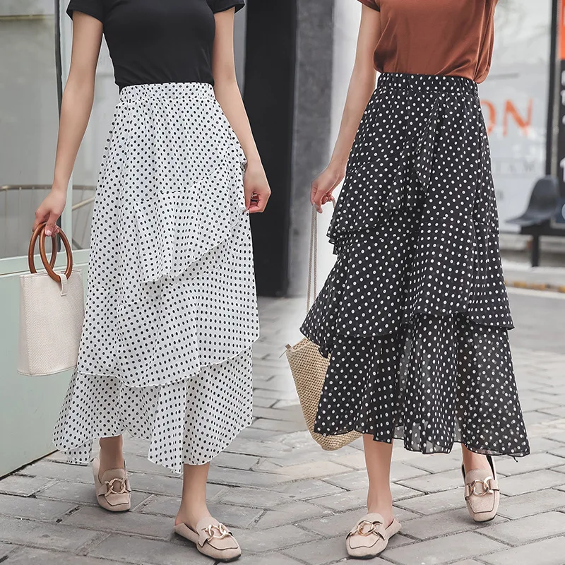 

2019 New Style Floral-Print Chiffon Cake Dress Mid-length Skirt Women's Dotted West Mia Holiday