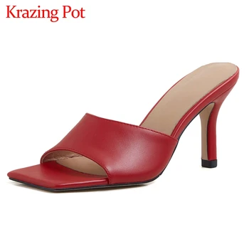 

Krazing pot genuine leather square peep toe high heels slip on brand summer shoes superstar recommend fashion sandals women L2a
